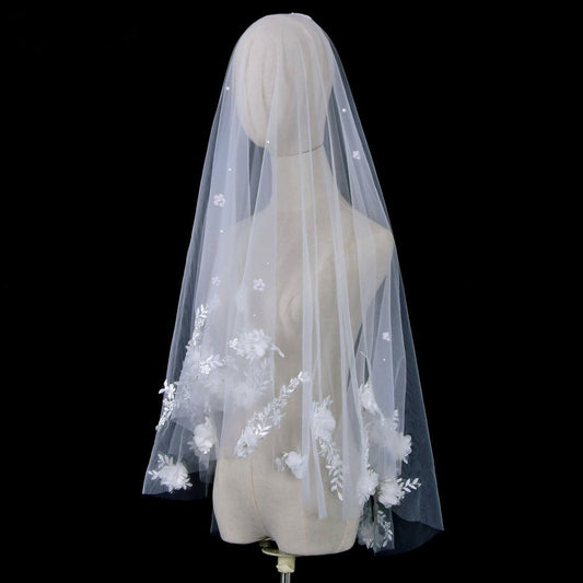 Flower Petal and Pearls Wedding Veil - Wedding Bridal Veil