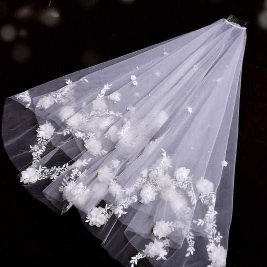 Flower Petal and Pearls Wedding Veil - Wedding Bridal Veil