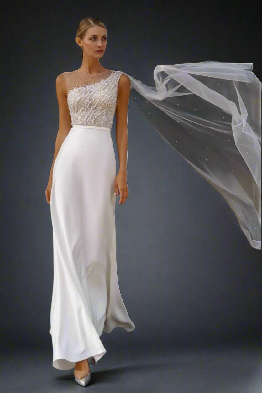 Bride wearing genesis assymetrical wedding dress suitable for athletic body type