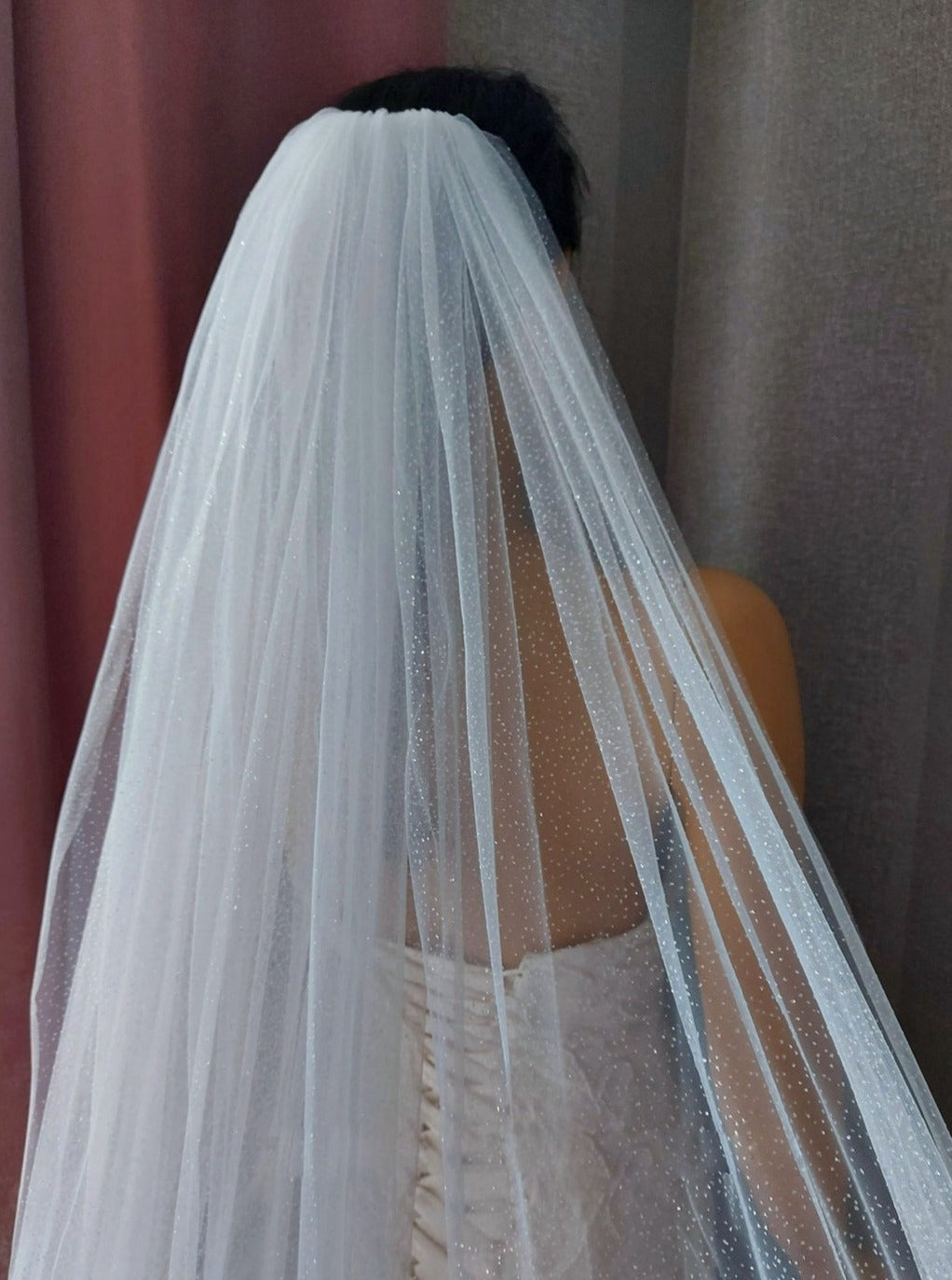 Bride with sparkling Wedding Veil in her hair from back- Bridal