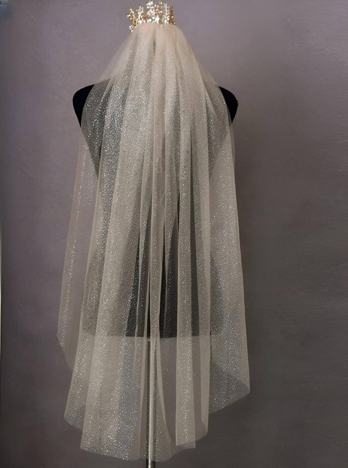Glittering Short Champagne Wedding Veil - Bridal Veils