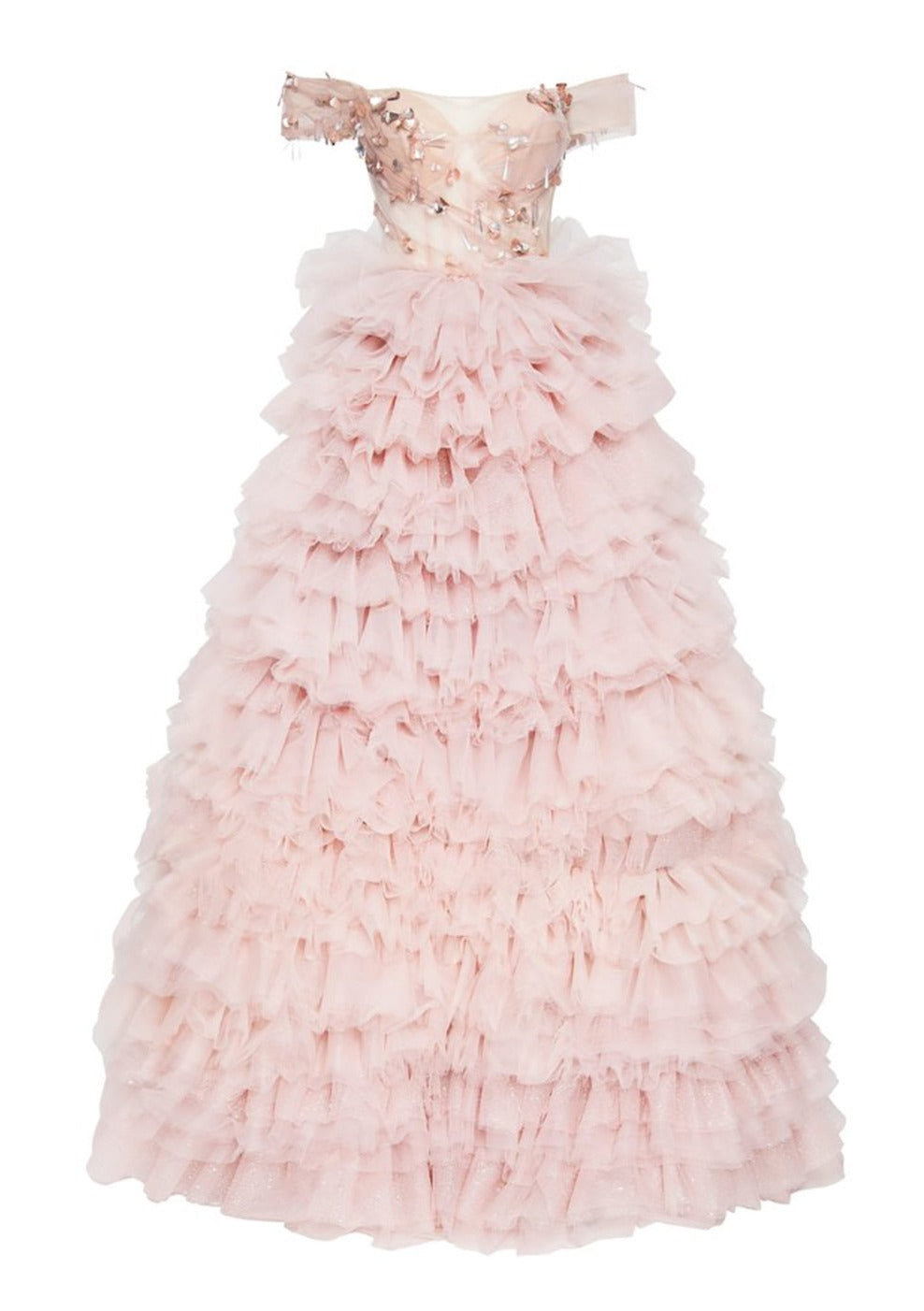 Detailed view of the Harvie formal dress, the bodice, highlighting the intricate craftsmanship and sparkling details.