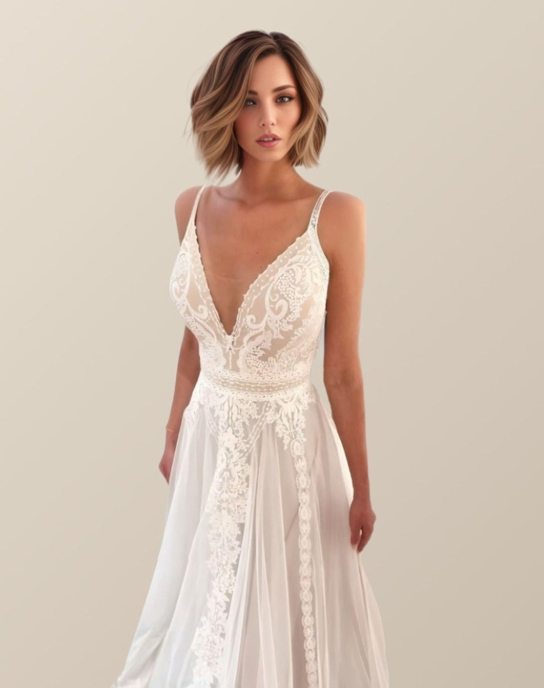 V-Neck A-Line Wedding Dress: A close-up of the bride’s upper body, focusing on the V-neckline and symmetrical lace details on the bodice and lace rund down the skirt.