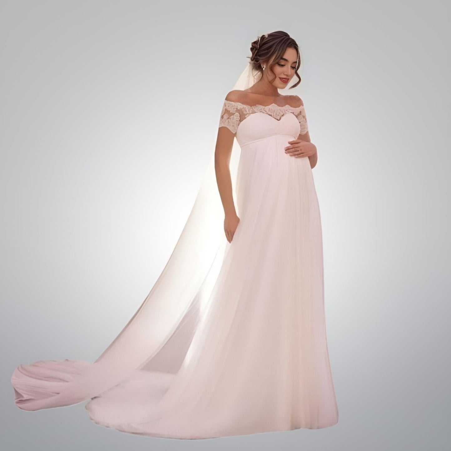 Elegant Maternity Wedding Dress: A pregnant bride standing with hand on her pregnancy belly, highlighting the empire A-line silhouette and the off-the-shoulder short sleeves.