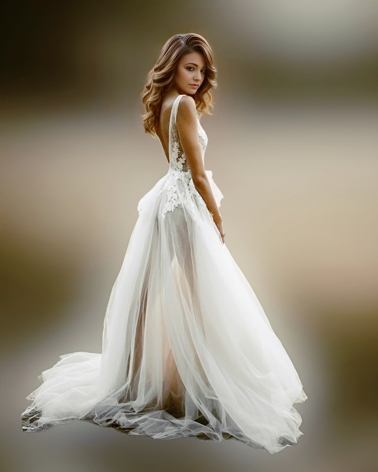 Model from side view showcasing a sexy wedding dress with side cutouts, and open back, perfect for bohemian beach weddings.