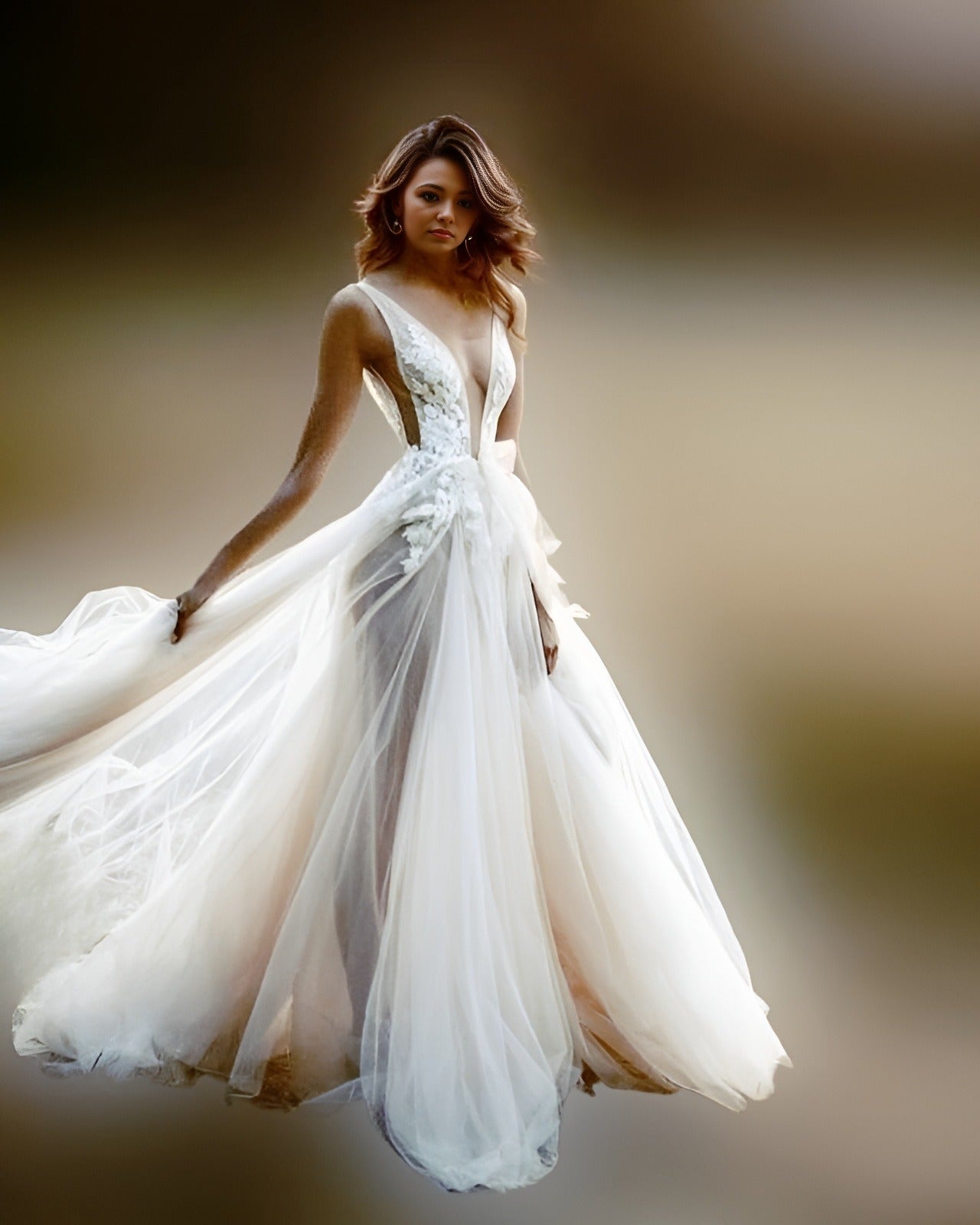 Model in a deep V-neck wedding dress with side cutouts,showing her leg via see trough skirt.