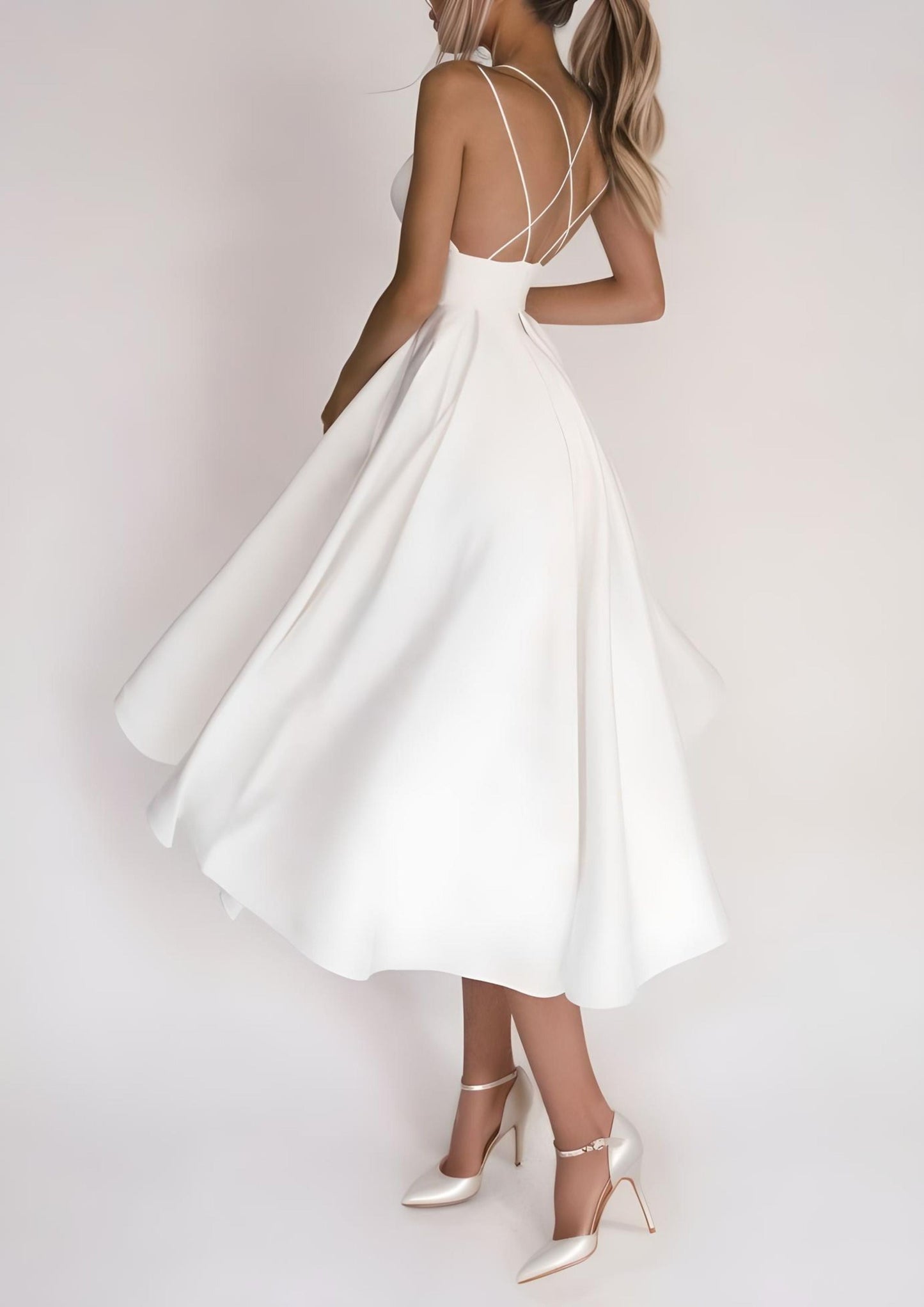 Model twirling in a stylish backless wedding dress with criss-cross straps, perfect for elegant events.