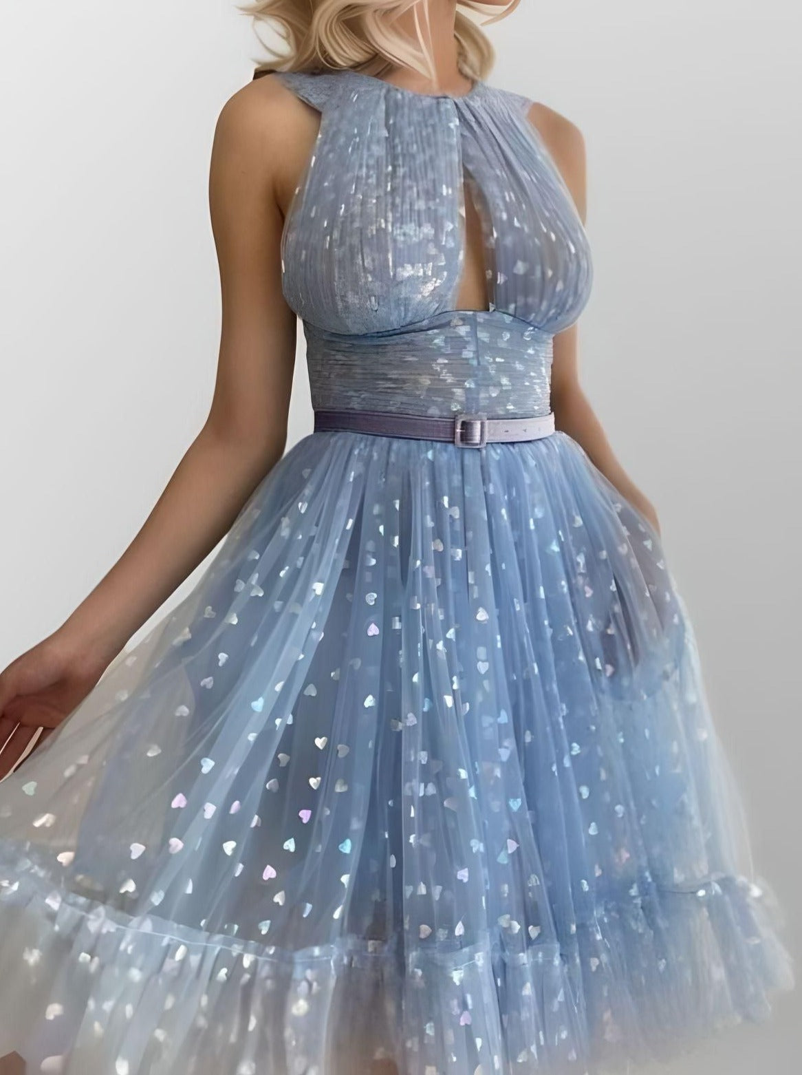 Detail of short formal dress with an O-neckline, keyhole and defined waist, designed for a glamorous and practical special event.