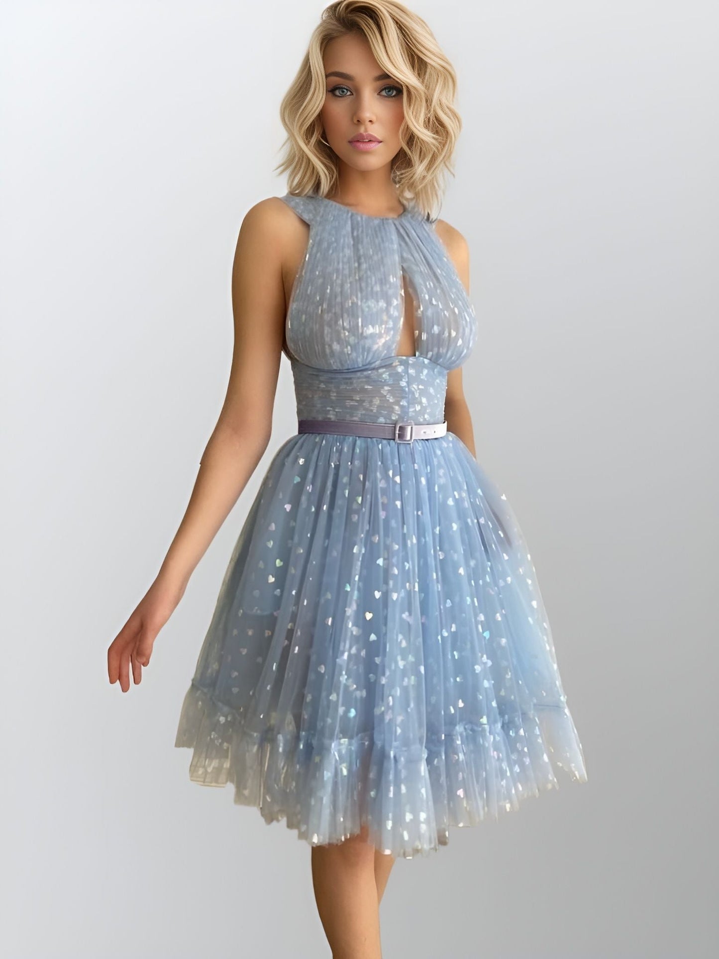 Girl in a shiny tulle prom dress with holographic hearts, O-neckline, and tiered pleats, ideal for a magical evening.