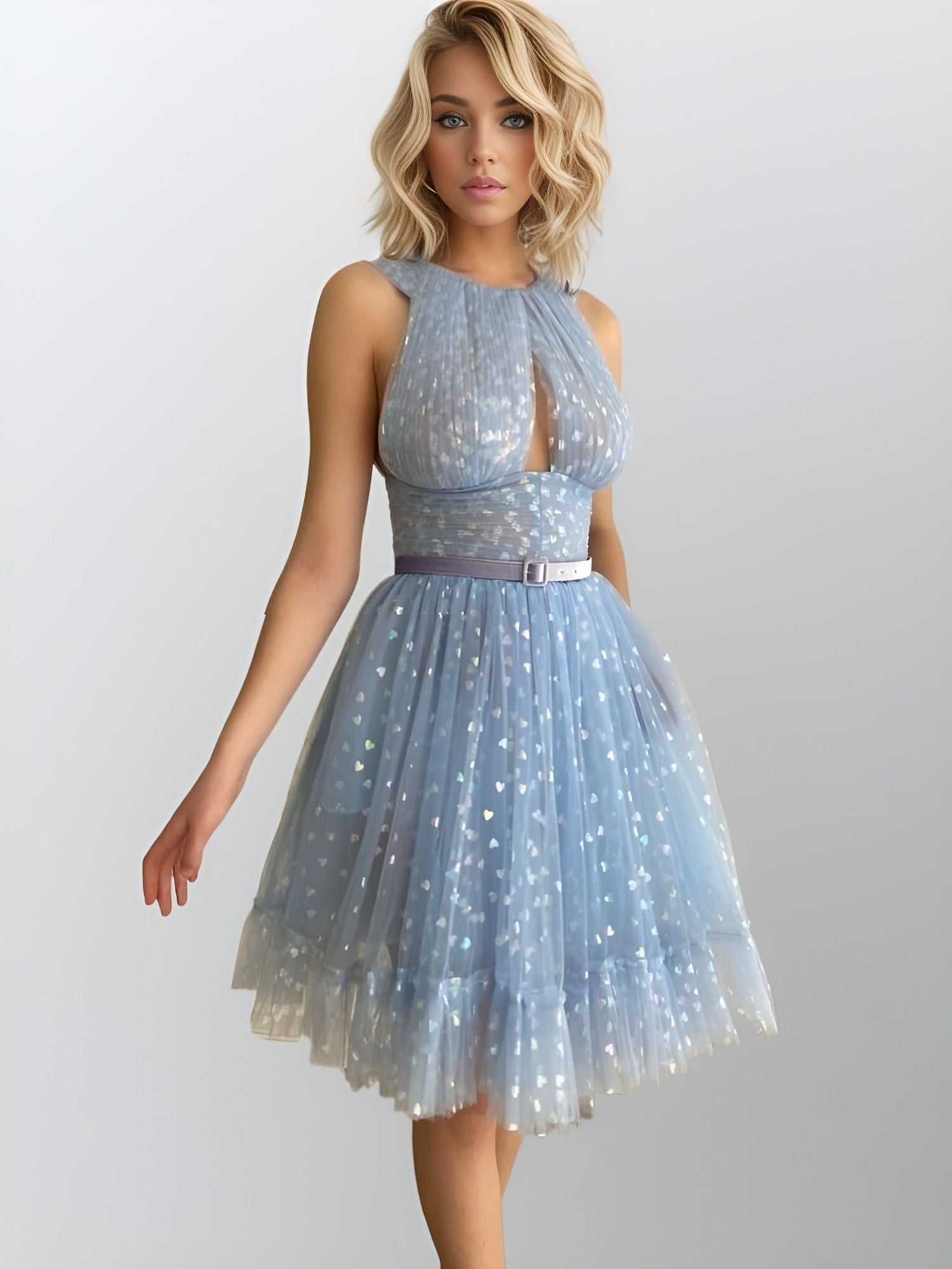 Girl in a shiny tulle prom dress with holographic hearts, O-neckline, and tiered pleats, ideal for a magical evening.