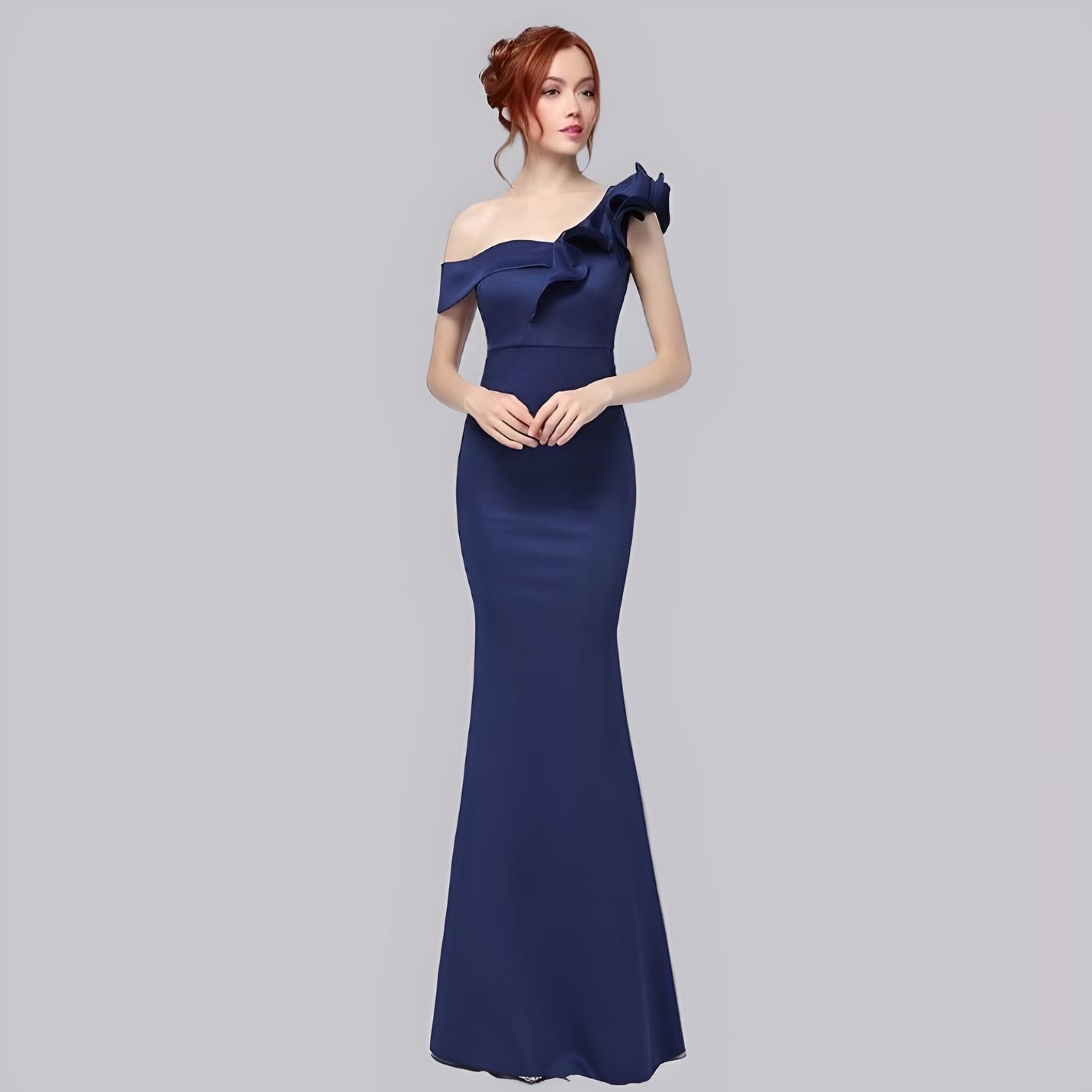 Model showcasing an elegant navy blue one-shoulder dress with ruffles, perfect for prom or bridal parties.