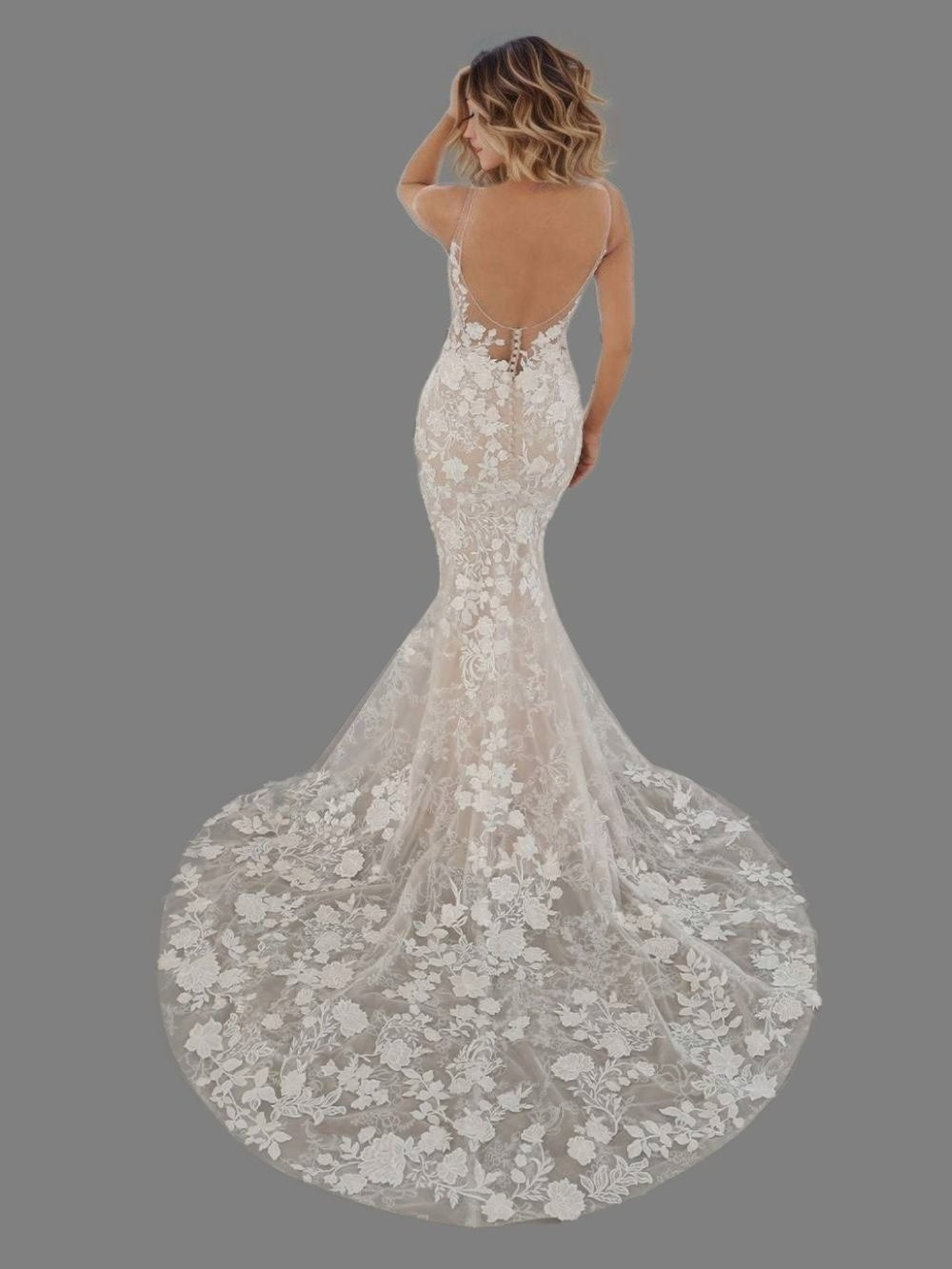 Bride from back showcasing a full floral lace mermaid gown with a backless design, featuring a lace train for a romantic bridal look.