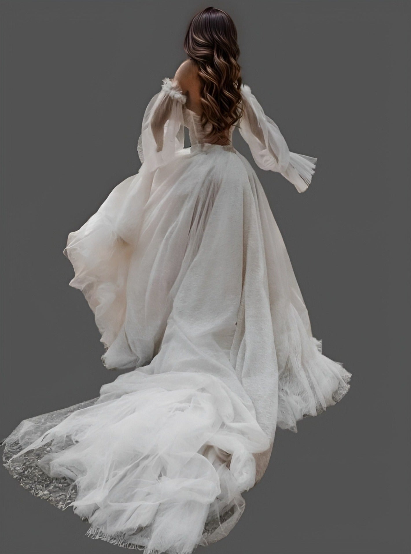 Woman wearing a dazzling glitter tulle wedding gown with a backless design, and chapel train, perfect for an unforgettable bridal moment.