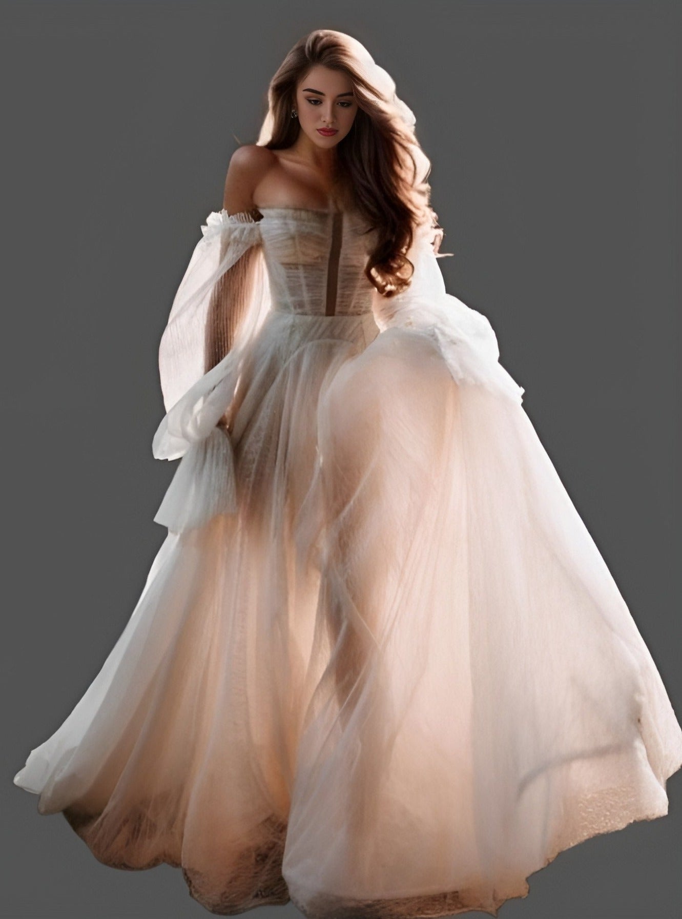 Bride walking in a glitter tulle wedding dress with a sweetheart neckline, pleated top, and off-shoulder puff sleeves, ideal for a fairytale wedding.