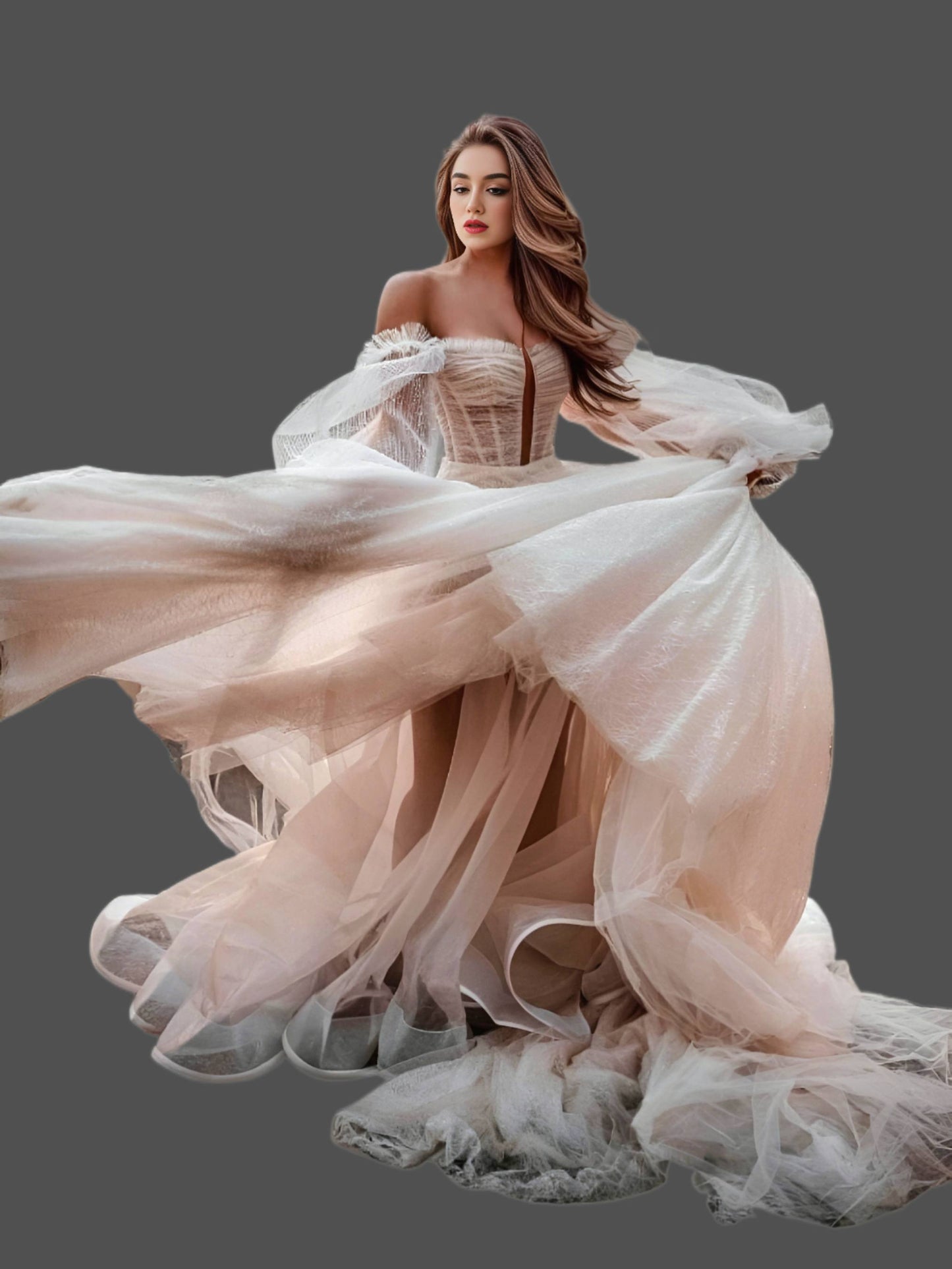 Bride dancing in a glitter tulle wedding dress with a sweetheart neckline, pleated top, and off-shoulder puff sleeves, ideal for a fairytale wedding.