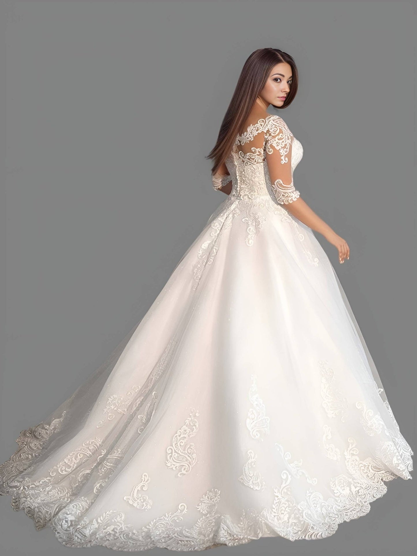Bride displaying an elegant wedding dress with 3/4 sleeves, lace detailing on the shoulders and elbows, and a flowing A-line silhouette.