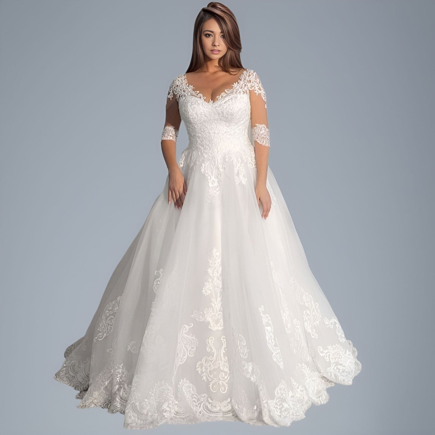 Plus-size bride showcasing a V-neck wedding gown with half sleeves and lace appliques, ideal for a boho-chic bridal look.