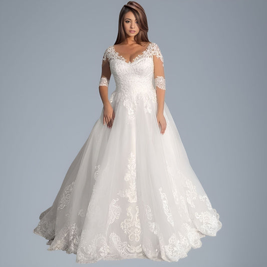 Plus-size bride showcasing a V-neck wedding gown with half sleeves and lace appliques, ideal for a boho-chic bridal look.
