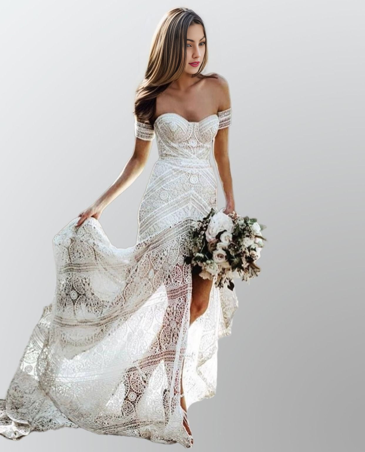 Model showcasing a full lace bohemian bridal gown with nude underlining and high slit, off-shoulder lace arm straps, perfect for a romantic wedding.