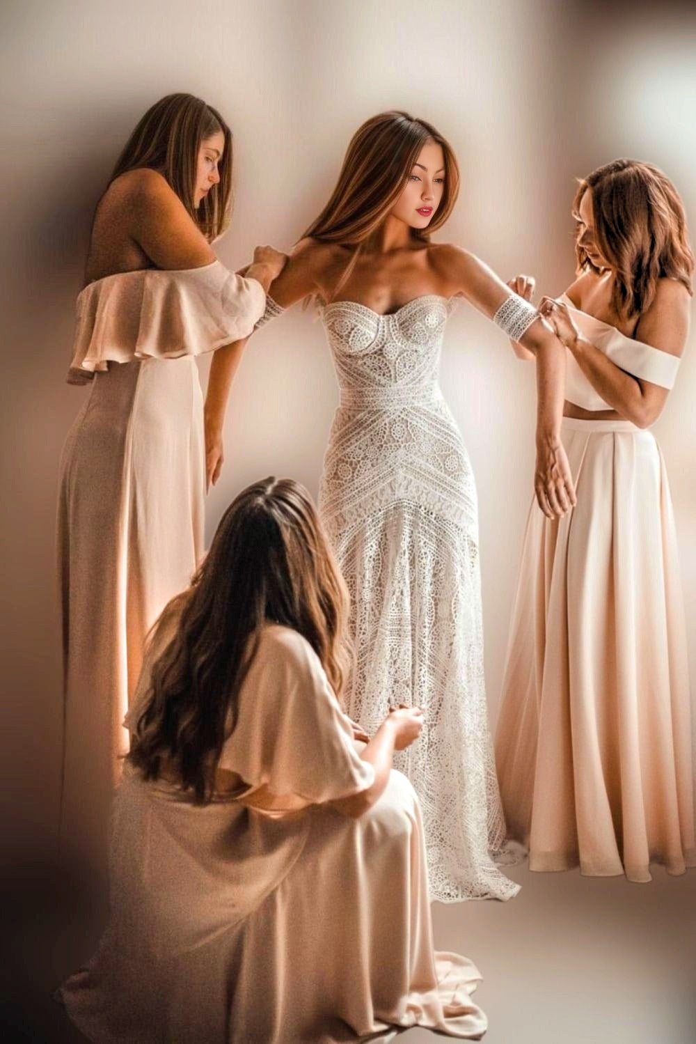 Bride getting ready with bridesmaids helping her adjust a full lace gown with nude underlining for a boho beach wedding.