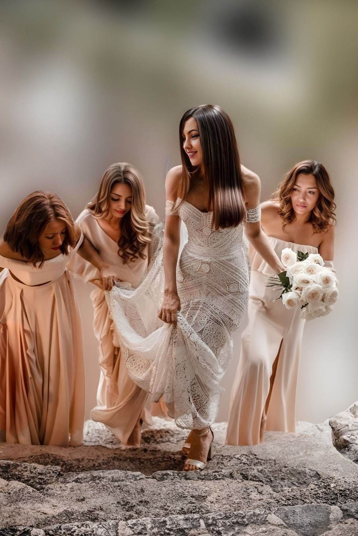 Bride wearing a full lace wedding dress with nude underlining and off-the-shoulder lace straps, being followed by her bridesmaid holding the train.