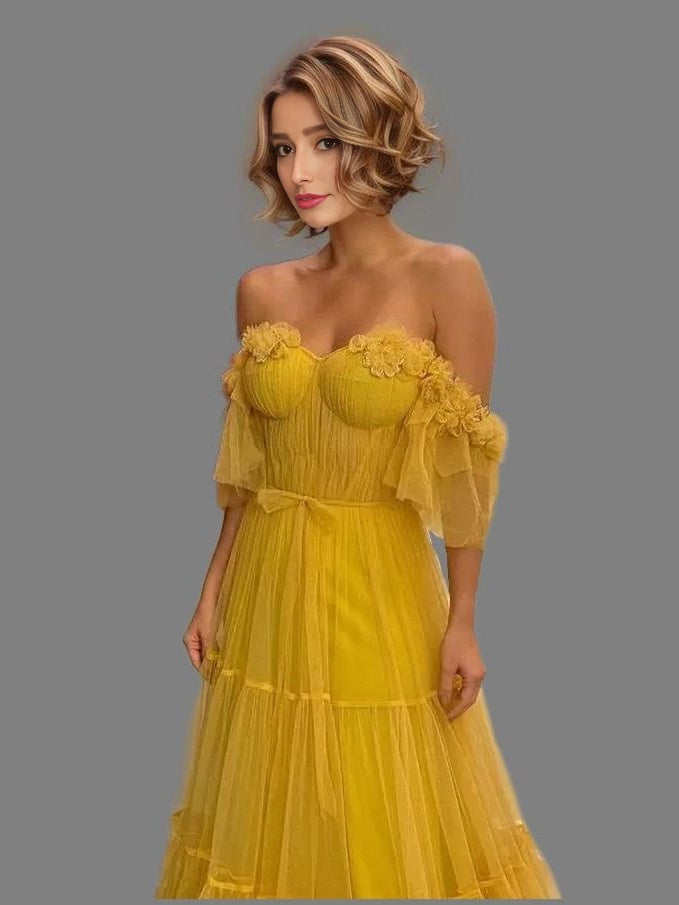 Elegant evening dress featuring an off-the-shoulder design, tiered tulle skirt, and 3D flower appliques, ideal for a glamorous prom or formal occasion.