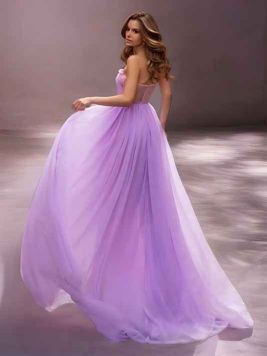 Lavender A-line dress featuring a see-through design with sweep train, and strapless design.