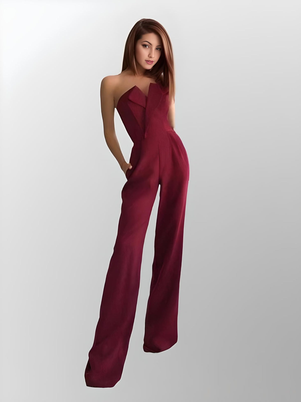 Woman in Chic Burgundy Formal Strapless Bridal Jumpsuit