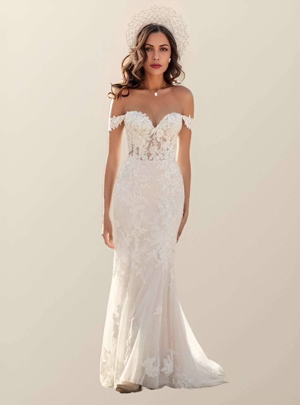 Bride in a full floral lace gown with an off-the-shoulder sweetheart neckline, backless design, and court train, ideal for a romantic bridal look.