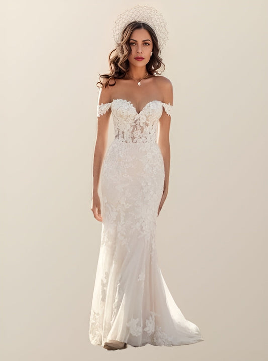 Bride in a full floral lace gown with an off-the-shoulder sweetheart neckline, backless design, and court train, ideal for a romantic bridal look.