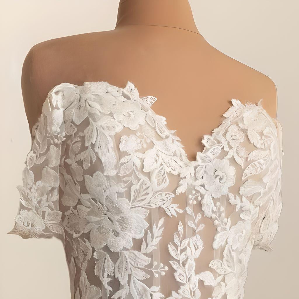 Detal of floral lace used on Kara bridal gown.