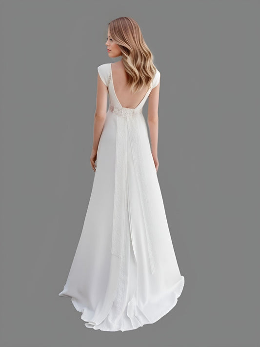 Elegant wedding dress featuring geometric lace details, a V-shaped deep back, and a sweep train, designed for a sophisticated and modest bridal appearance.