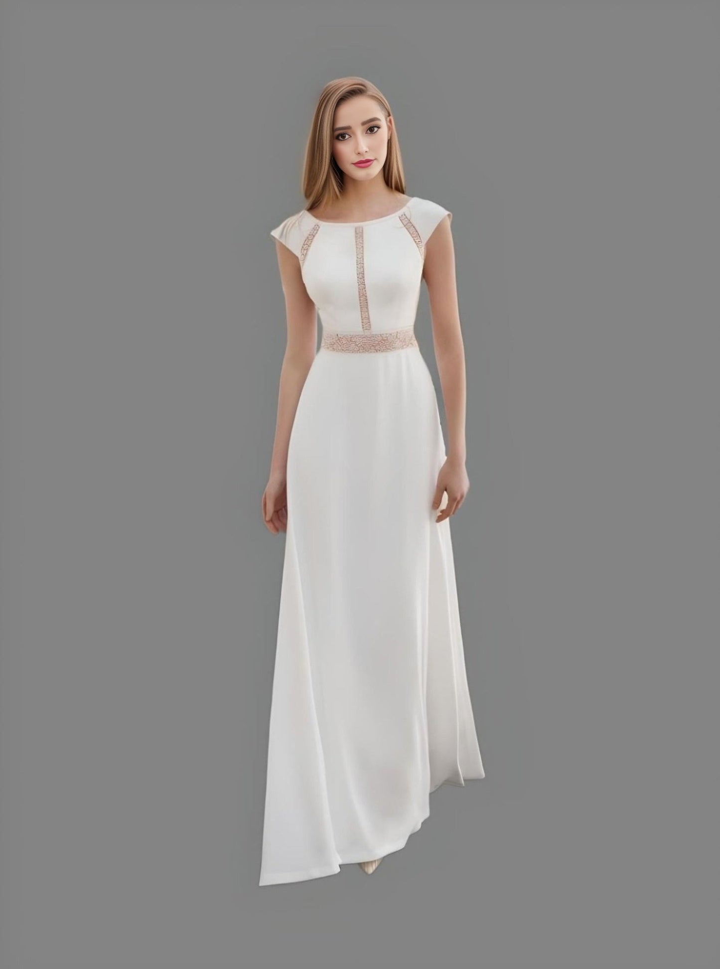 Bride showcasing a modest A-line gown with symmetrical geometric lace from collarbone to waist, around the waist and short sleeves, ideal for a refined bridal look.