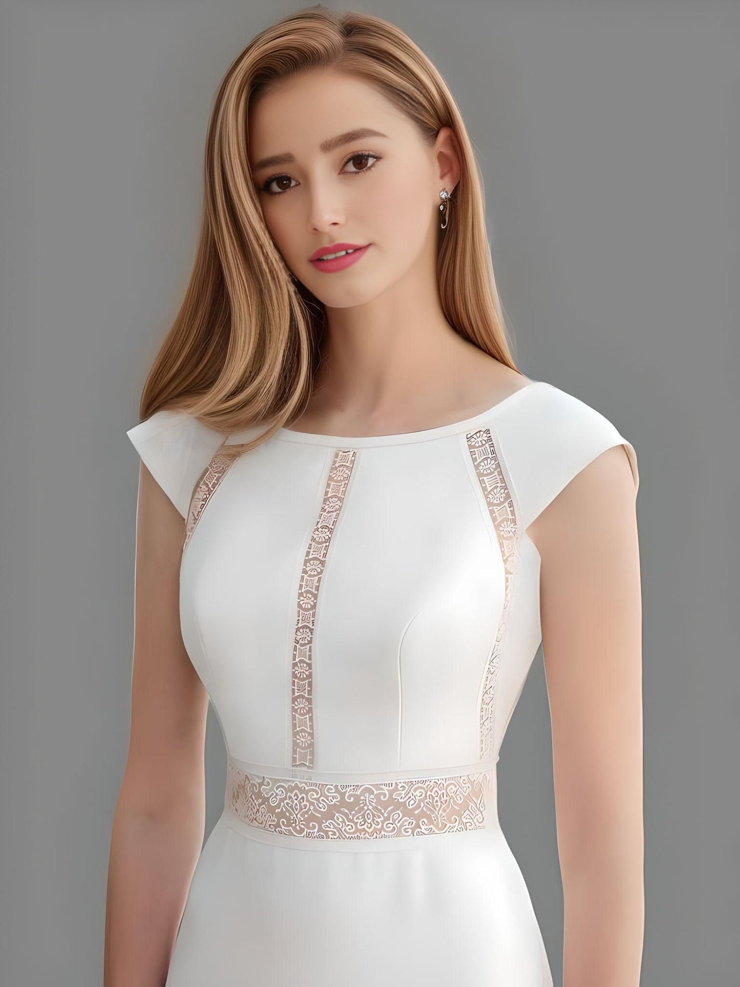 Bride wearing a modest wedding gown with geometric lace, short sleeves, and a deep V-back, crafted with a sweeping train, perfect for any wedding venue.