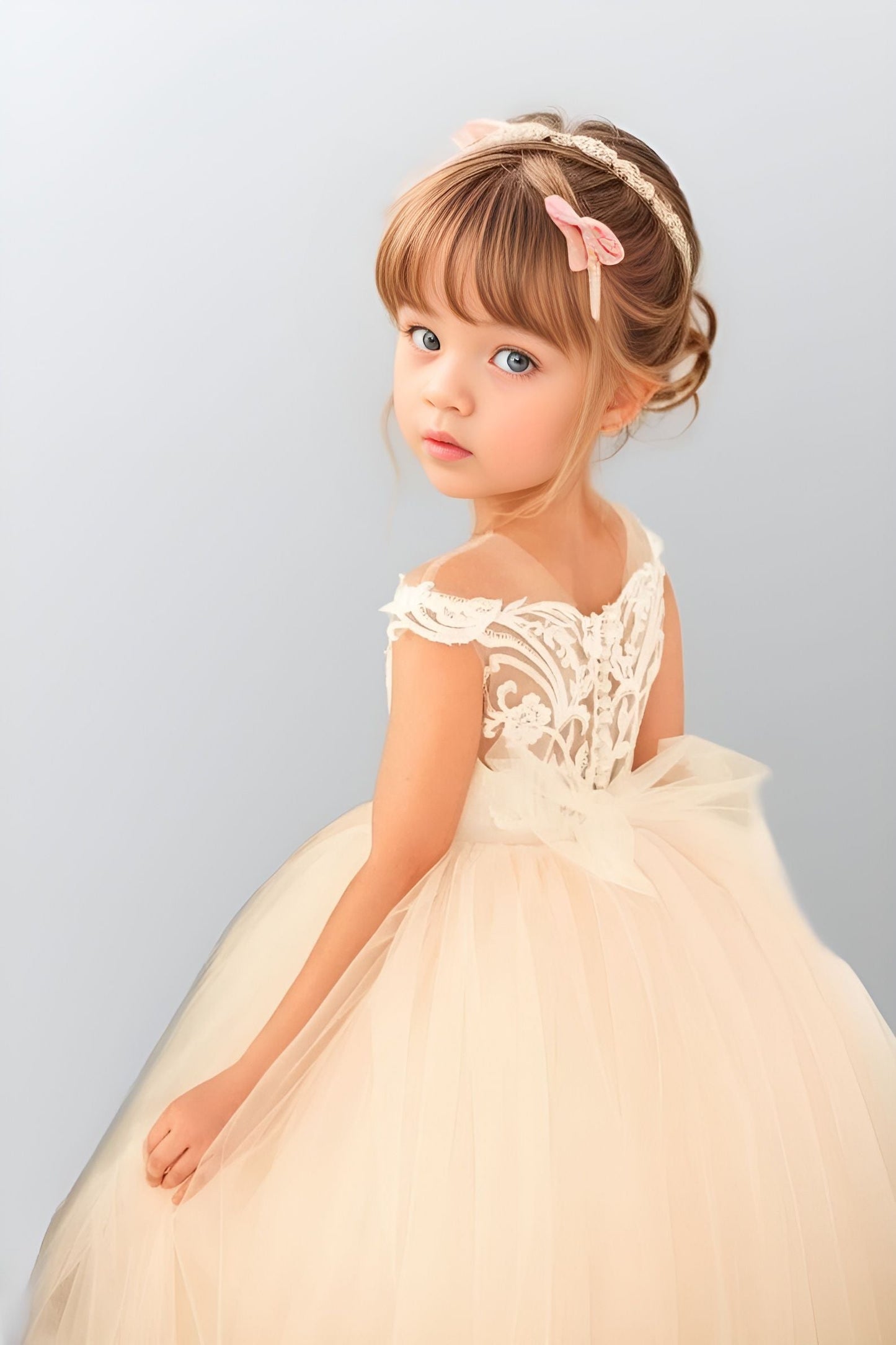 Girl dressed in a tulle gown with off-shoulder design and lace bow, perfect for first communions and elegant parties.