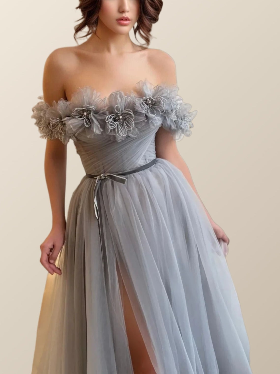 Front view of the LARA gown, with the silver tulle fabric shimmering.