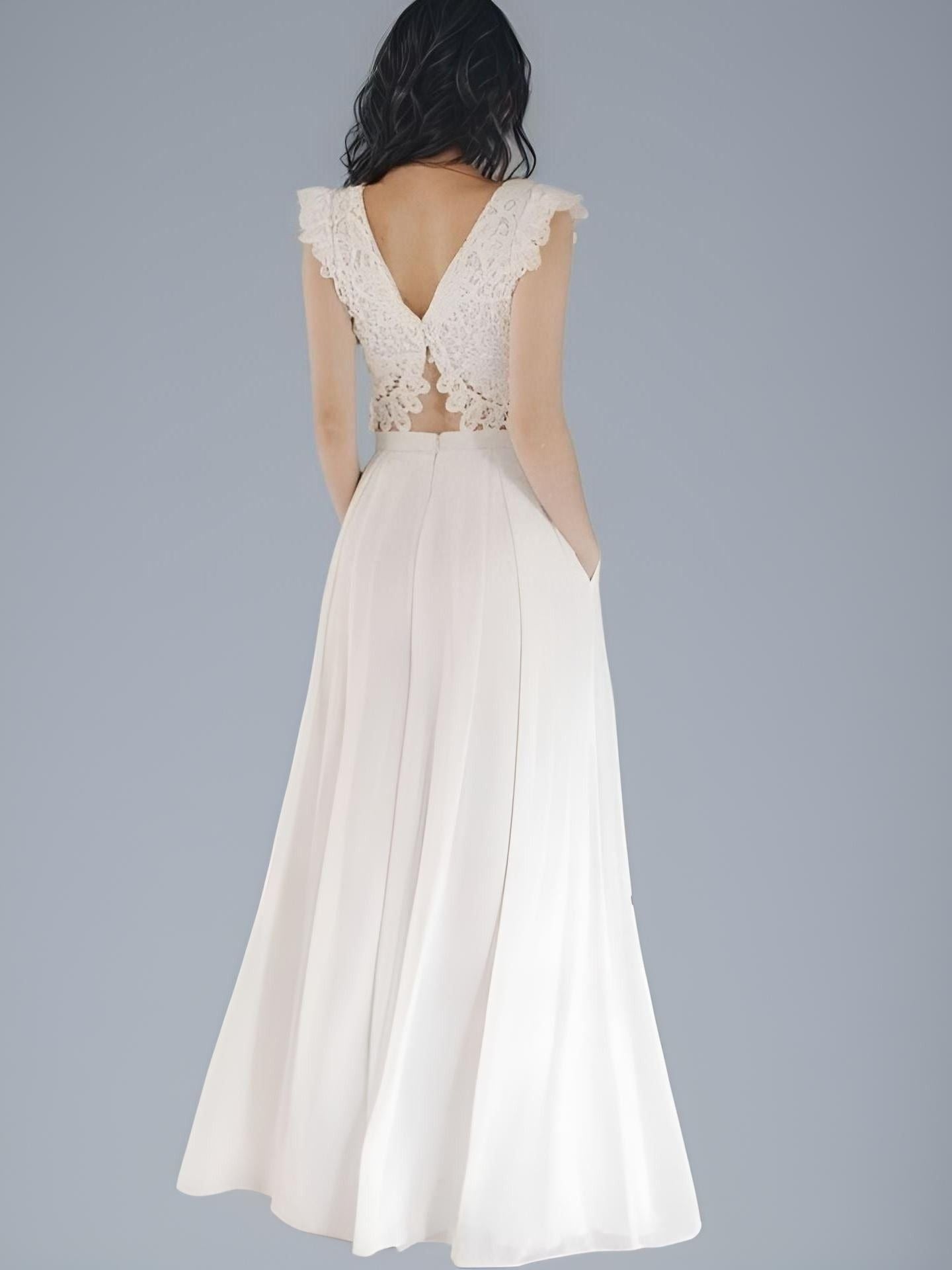 Full-length shot of Bride in Boho Beach Separate Wedding Jumpsuit from Back with Open Back