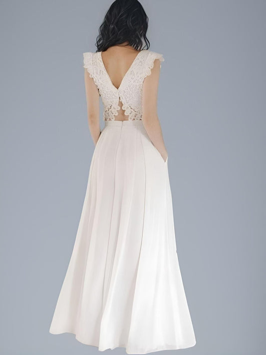 Full-length shot of Bride in Boho Beach Separate Wedding Jumpsuit from Back with Open Back