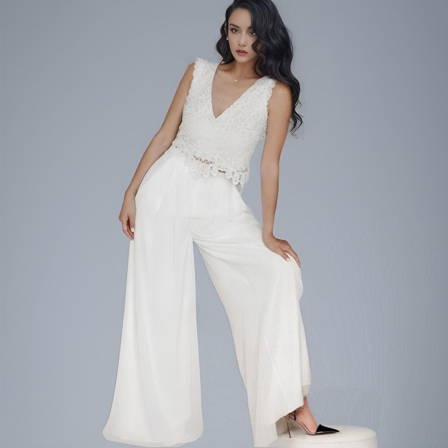 Model showcasing Chiffon Pants and Lace Bohemian Top of Leah Bridal Two Piece Jumpsuit