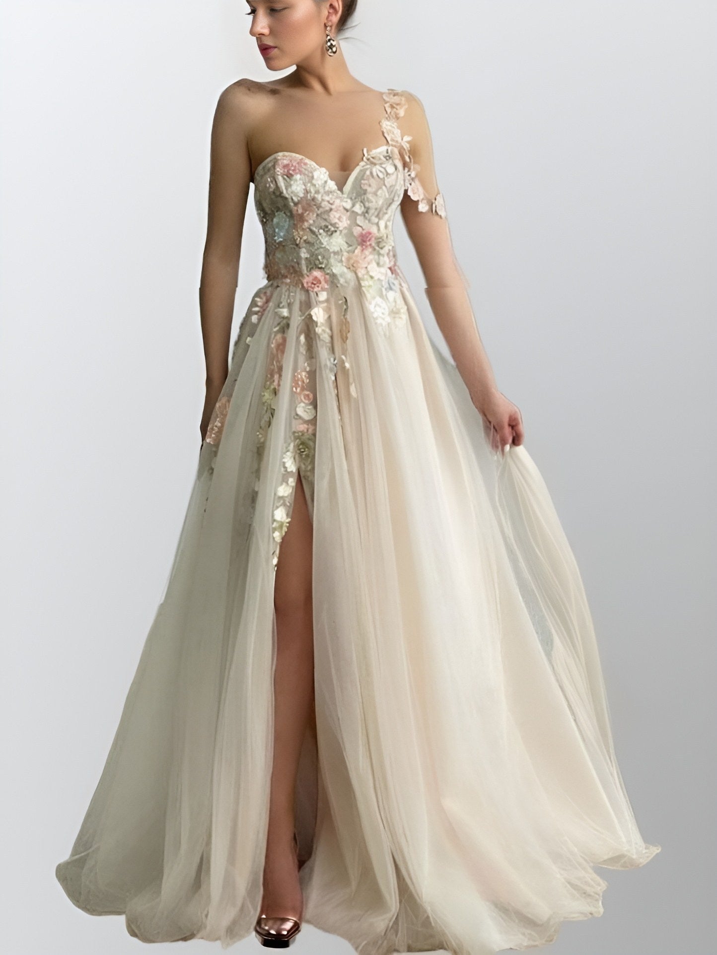 Full-length view of LIBBY dress, model in champagne prom gown with high slit.