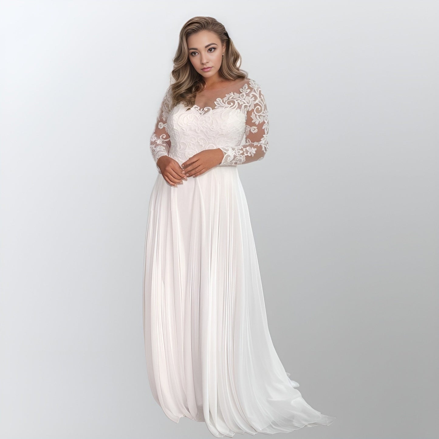 Bride wearing the LIZA Wedding Dress with long lace covered sleeves and chiffon skirt.