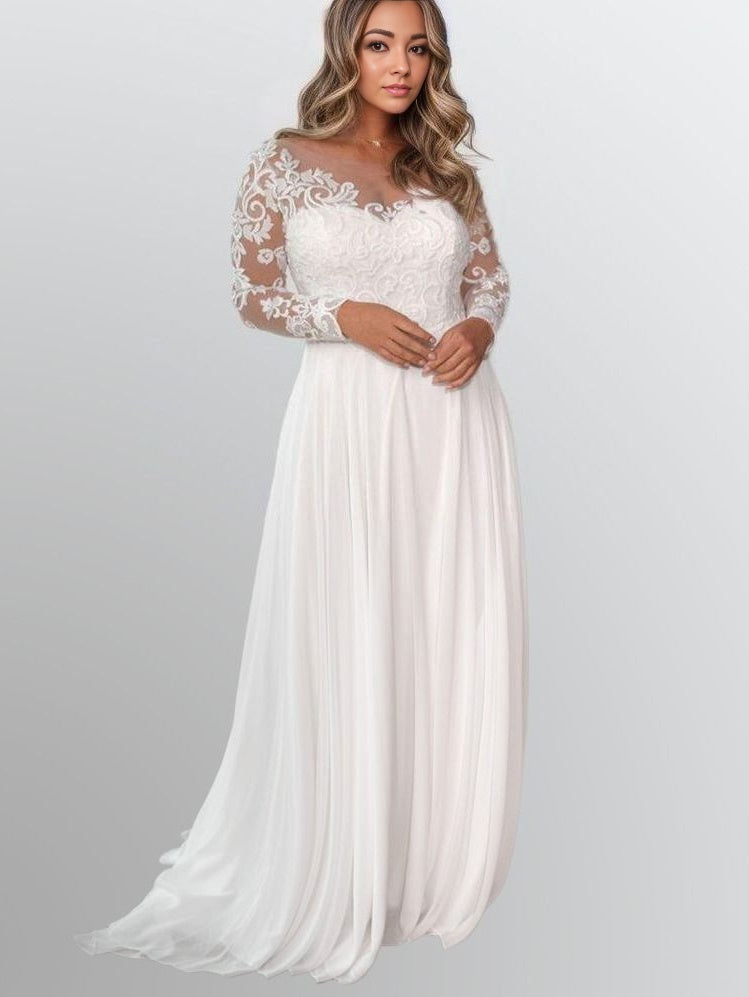 Plus-size bride in the LIZA Wedding Dress with boho-inspired lace details.
