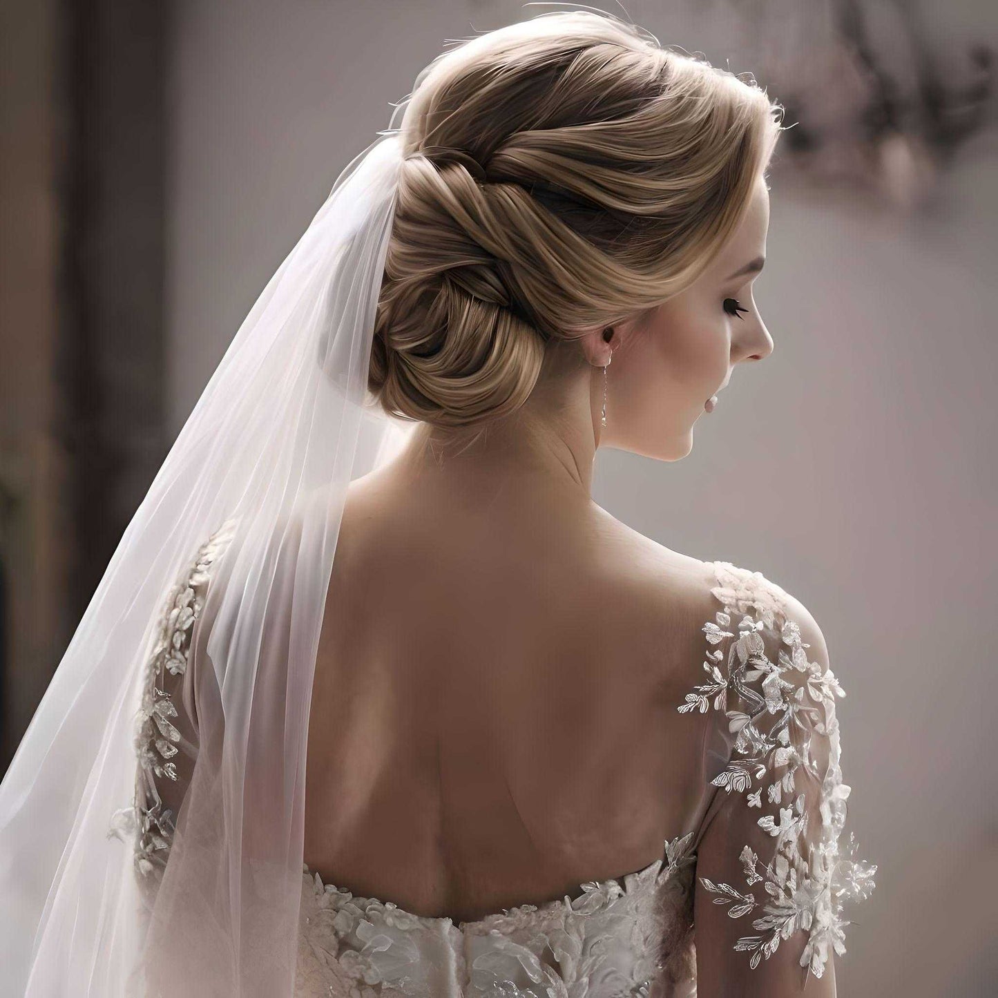 Bride from back showing open back and simple white veil flowing from her blond hair bun.