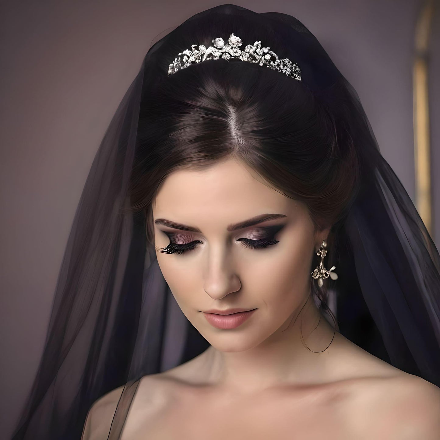 Model showcasing an elegant black veil with raw edges, draped over her shoulders.
