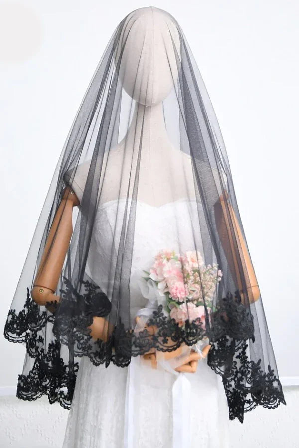 Black 2 Tier Wedding Veil with Lace Edge | Gothic Elegant & Timeless Lula Bridal Black 2 Tier Wedding Veil with Lace Edge | Gothic Elegant & Timeless Lula Bridal