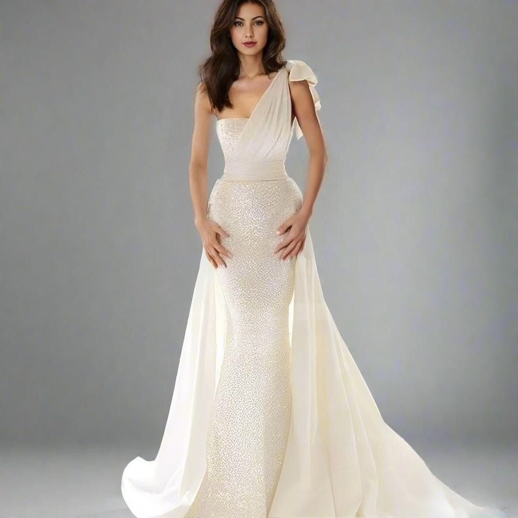 Bride wearing sequined mermaid wedding dress with detachable overskirt.