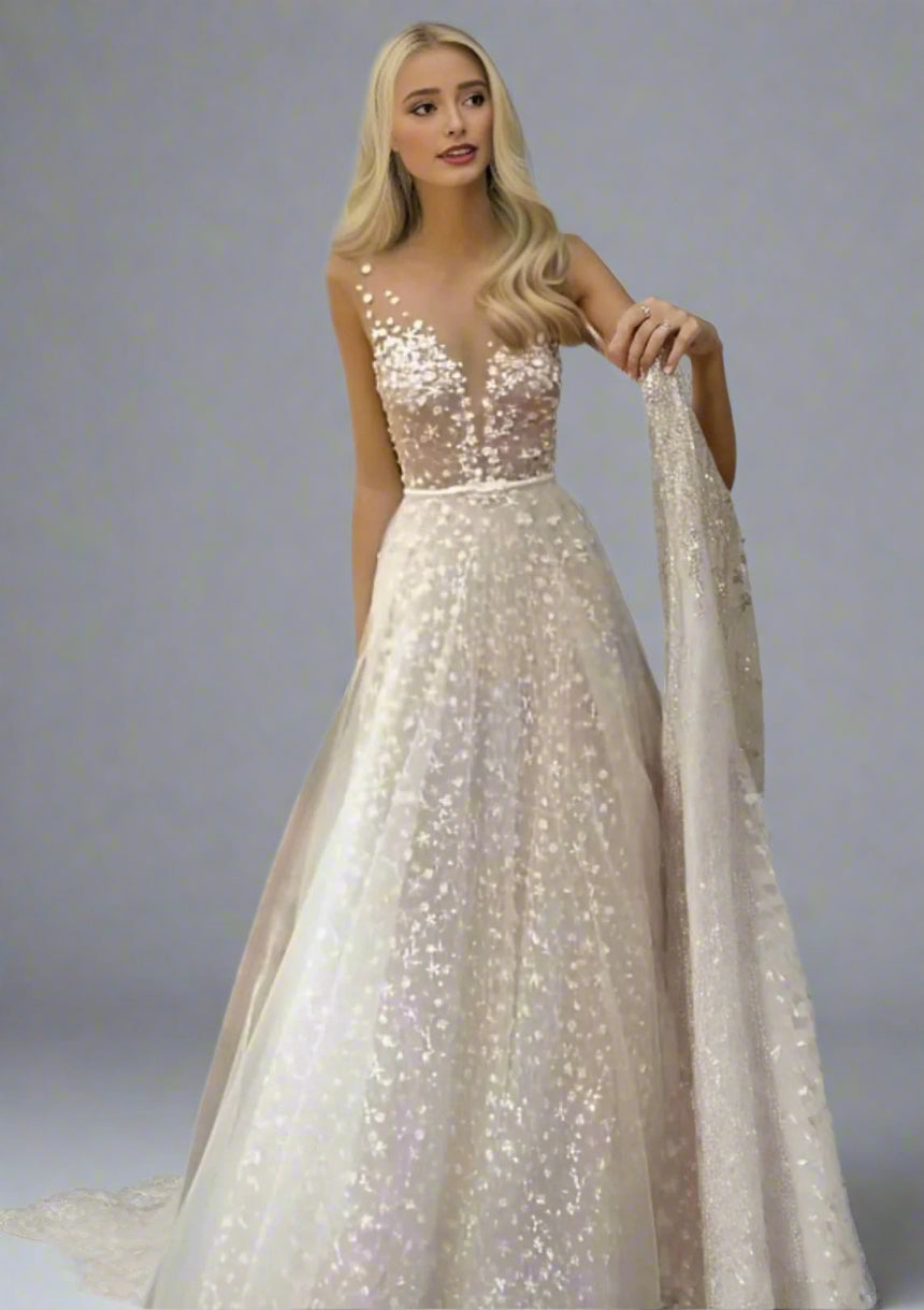 Bride wearing LULA Bridal CLAIRE wedding dress with V-neckline