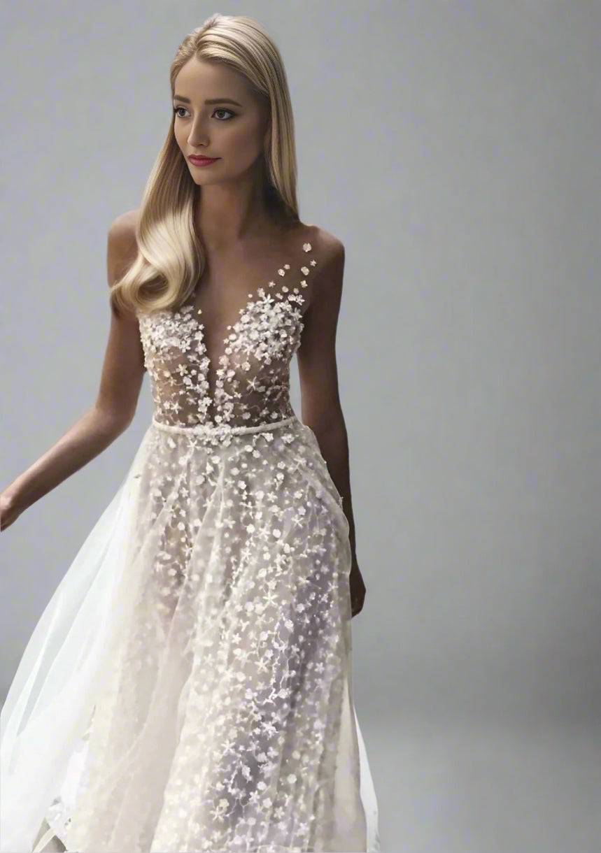 Bride wearing LULA Bridal CLAIRE wedding dress with V-neckline and belt