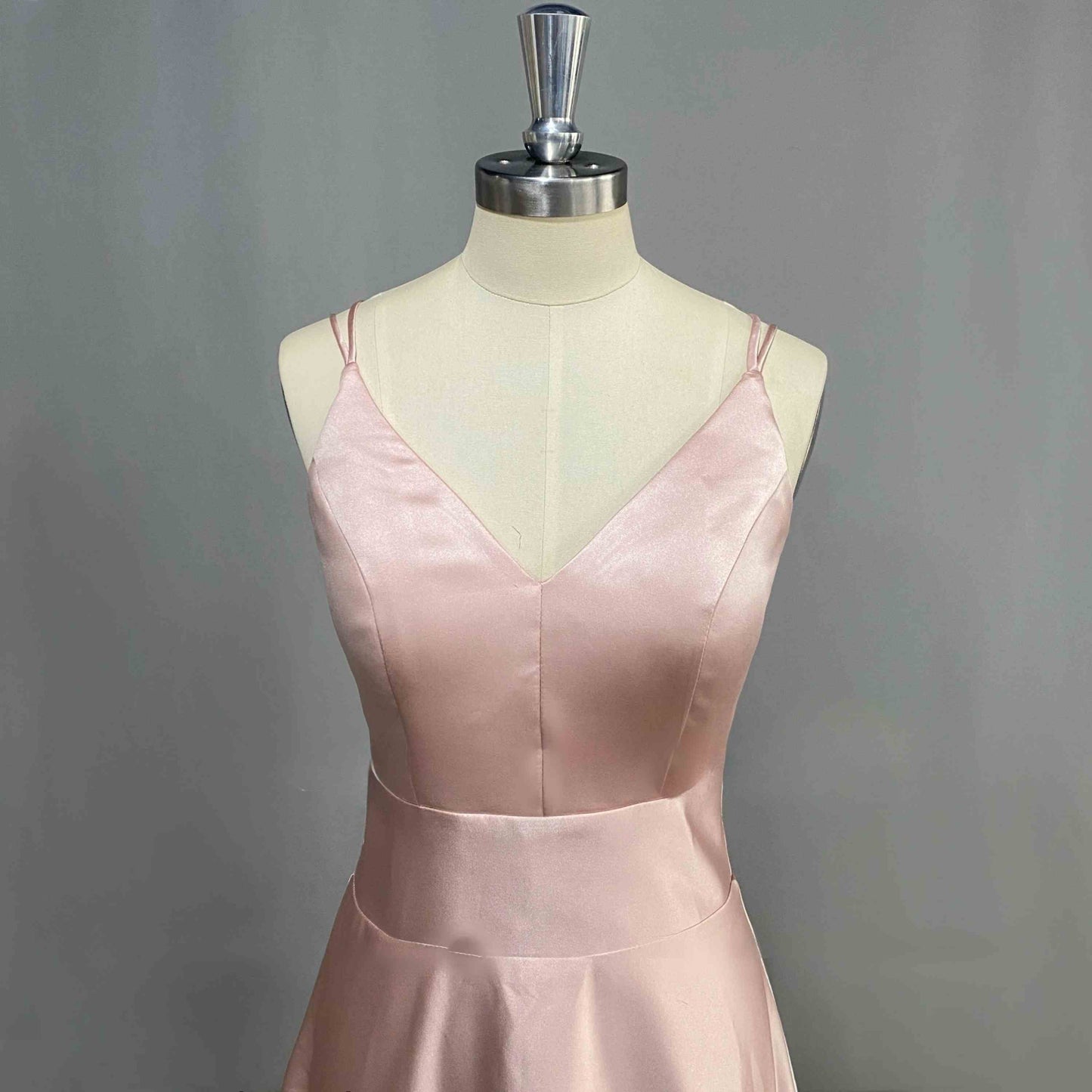 Close-up detail of satin fabric and double spaghetti straps on COSIMA Formal Dress