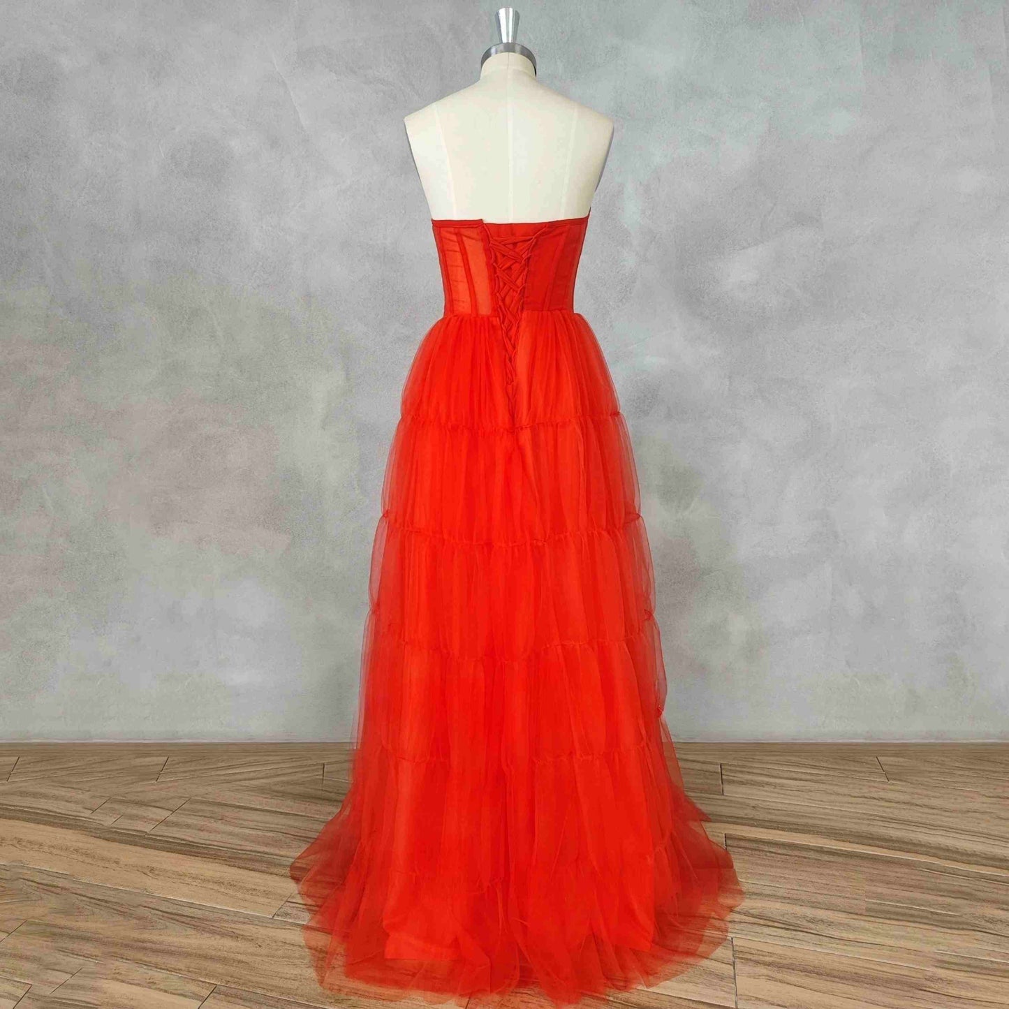 Back view of FARRAH Formal Dress showcasing lace-up closure